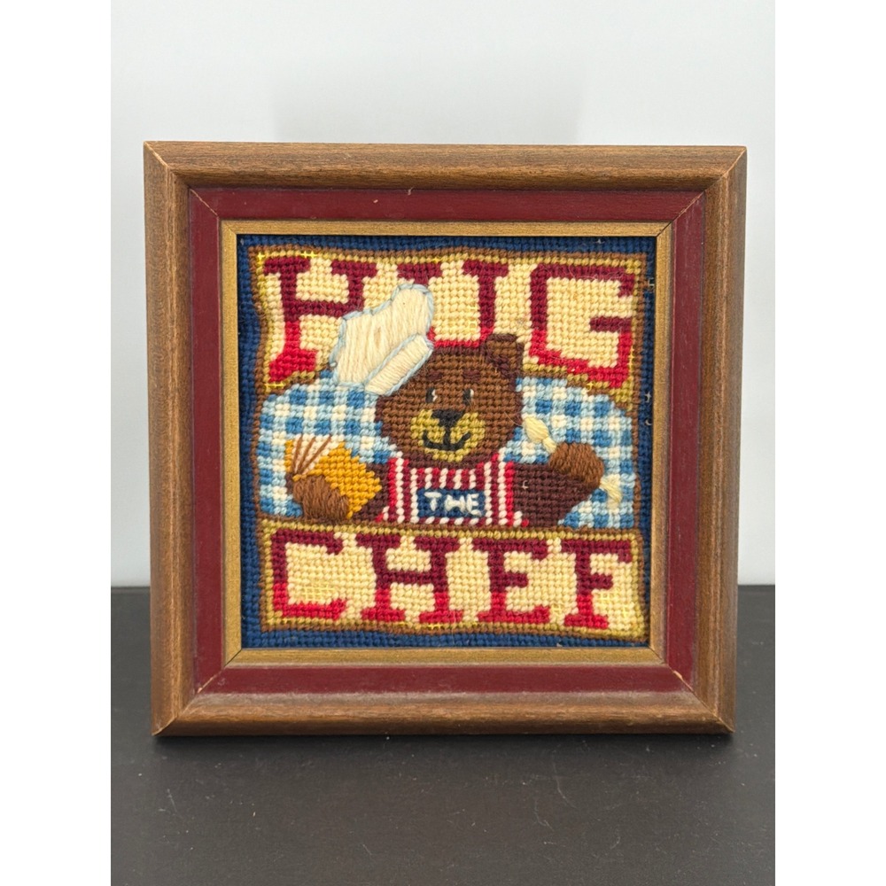 Vintage Hug The Chef Teddy Bear Needlepoint Framed Wall Art Kitchen Decor